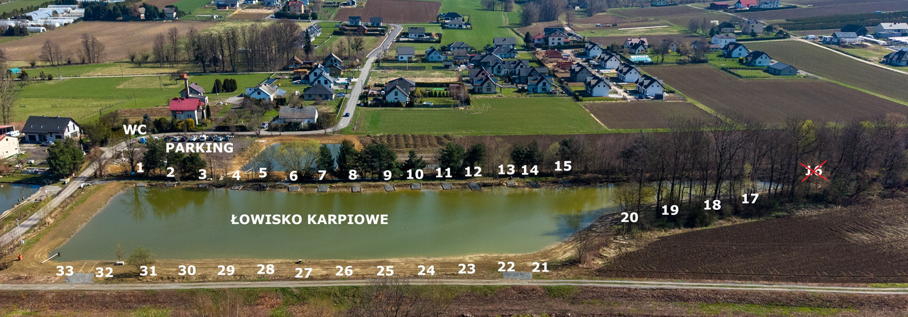 Zdjęcie lotnicze łowiska Na Zawodziu z numeracją stanowisk 1–33