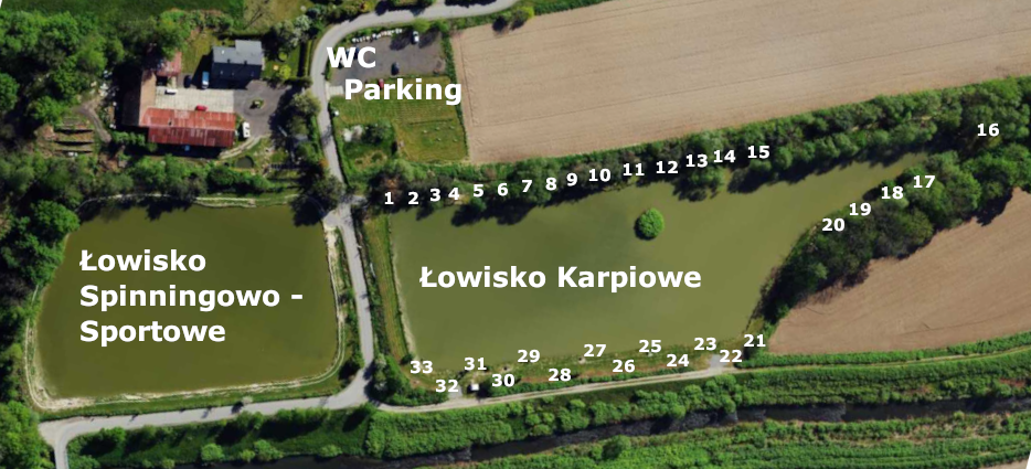 Mapka łowiska Na Zawodziu — rozmieszczenie stanowisk 1–33, łowisko karpiowe oraz spinningowo-sportowe, parking i WC